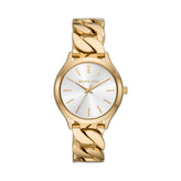 Michael Kors gold-tone watch with a white dial and a chunky interlocking link bracelet, shown on a plain white background.