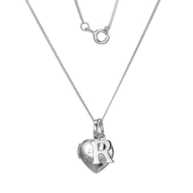 Sterling Silver Heart 40cm Locket & Initial R Children's Pendant