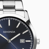 A close view of Sekonda Analogue Watch with Blue Dial and Stainless Steel Bracelet 43mm SK1943