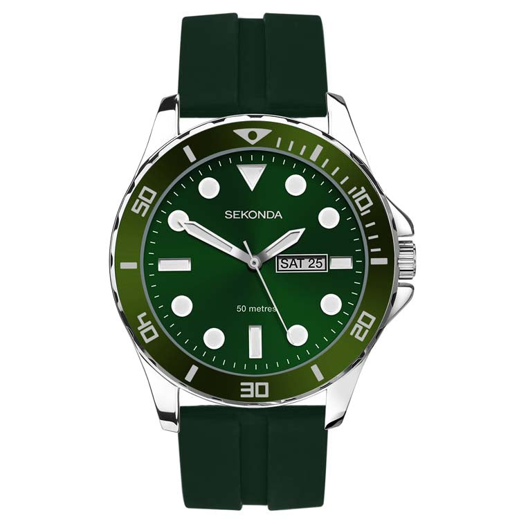 Sekonda Sports Analogue Watch with Green Dial and Green Rubber Strap 44mm SK30119