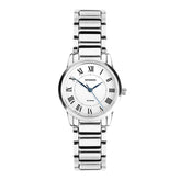 A silver stainless steel analog watch with a white dial, black Roman numerals, and blue hands, shown against a plain white background.
