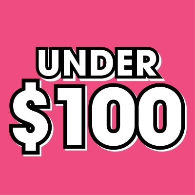 Text 'UNDER $100' on a pink background