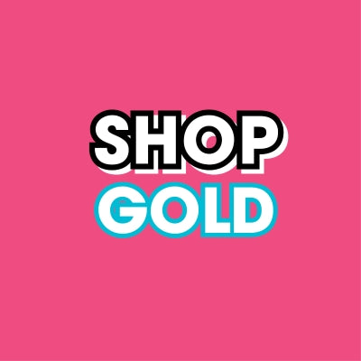 Text 'SHOP GOLD' on a pink background