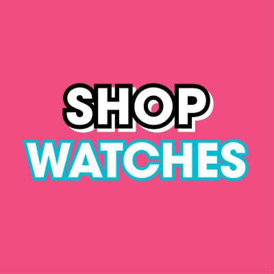 Text 'SHOP WATCHES' on a pink background