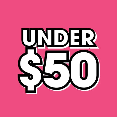 Text 'UNDER $50' on a pink background
