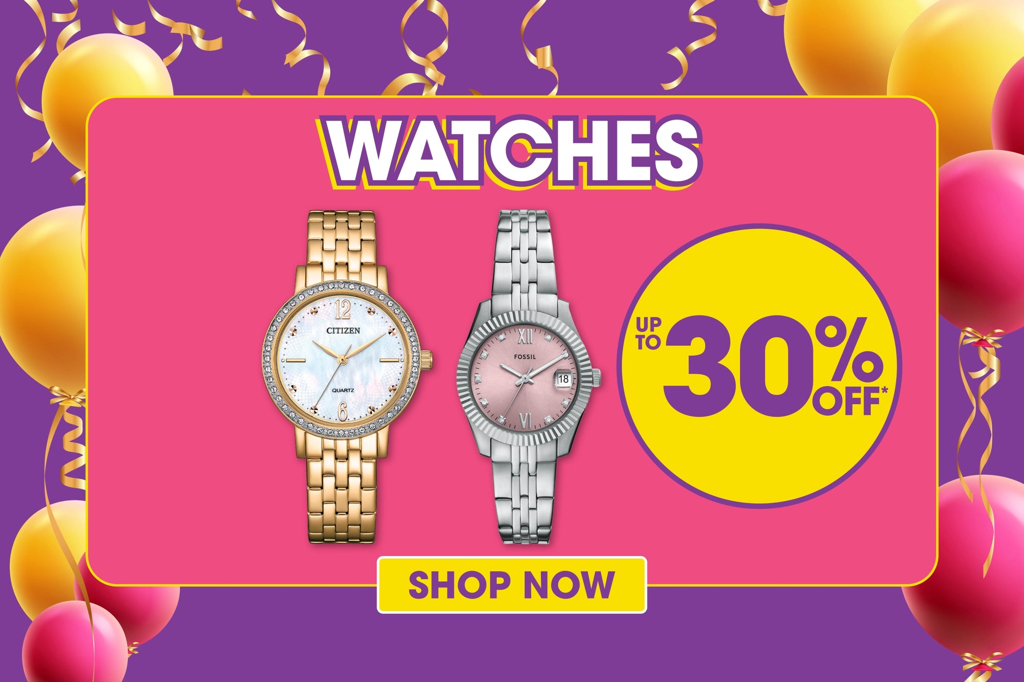 Promotional banner for watches with two models displayed, a discount offer, and 'Shop Now' button on a colorful background.