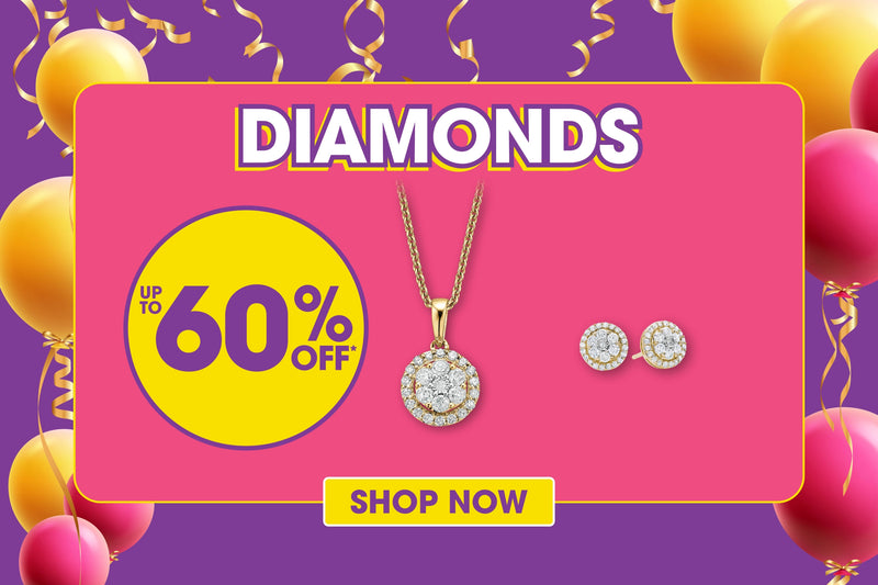 Promotional graphic for diamond jewelry with '60% off' offer on a pink and purple background with balloons.