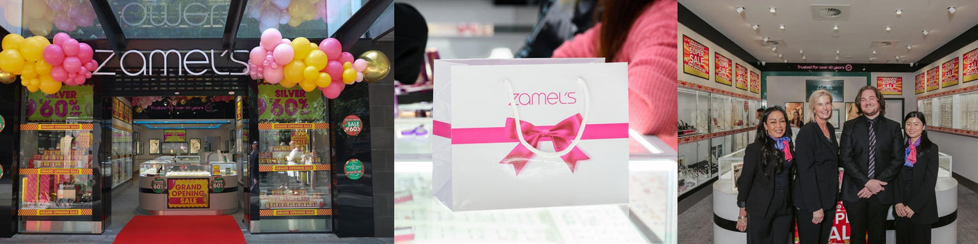 Zamel's store exterior, Zamel's packaging with pink bow, Zamel's friendly employees in a store.