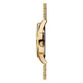 A side profile view of a gold-tone watch with a matching gold-tone link band, set against a plain white background.