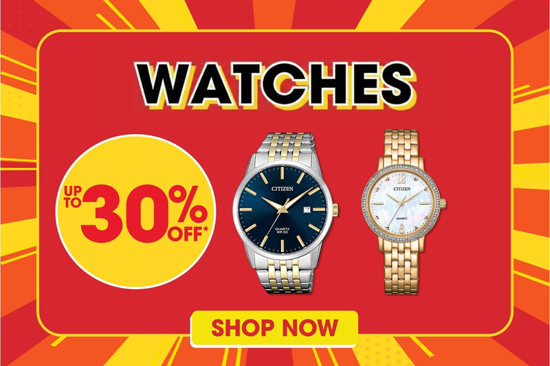 Promotional banner for watches with two models and a 30% off offer on a red and orange background.