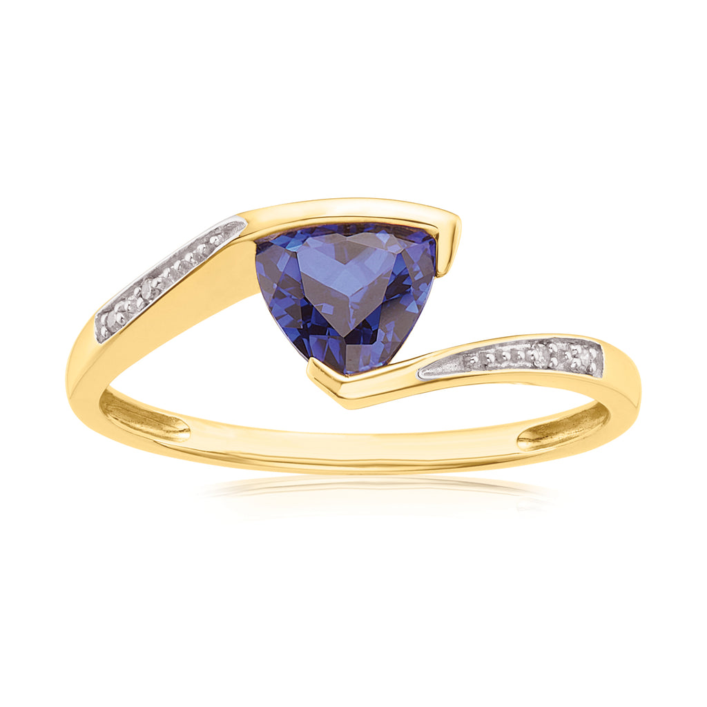 9ct Yellow Gold Round Brilliant Cut Created Blue Sapphire & Diamond Set Ring