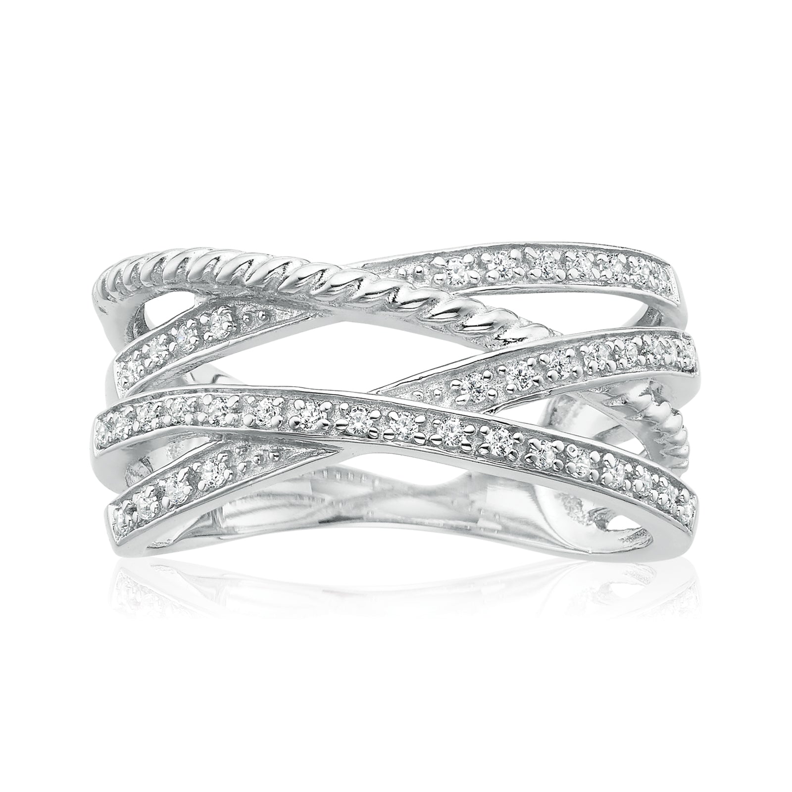 Sterling Silver Cubic Zirconia Cross Over Ring