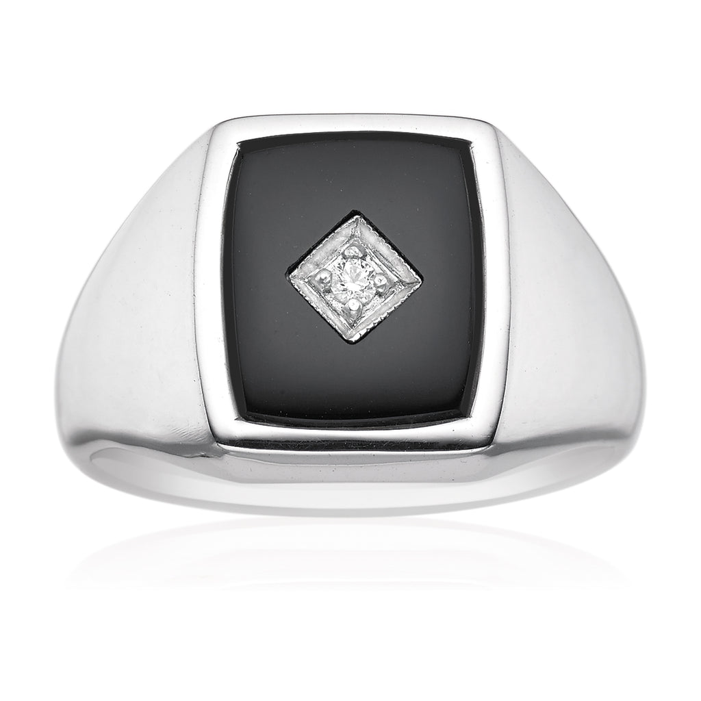 Sterling Silver Cubic Zirconia & Black Onyx Square Signet Mens Ring
