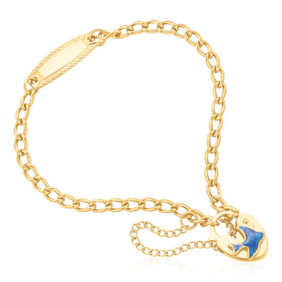 9ct Yellow Gold 14.5cm Blue Bird & Heart ID Kids Bracelet