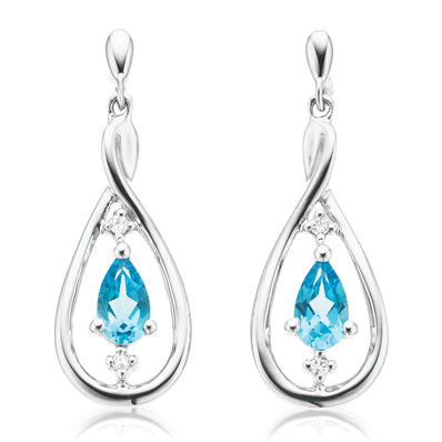 9ct White Gold Pear Cut Blue Topaz & Diamond Set Drop Earrings