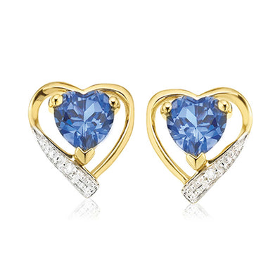9ct Yellow Gold Round Brilliant Cut Created Blue Sapphire & Diamond Set Heart  Stud Earrings