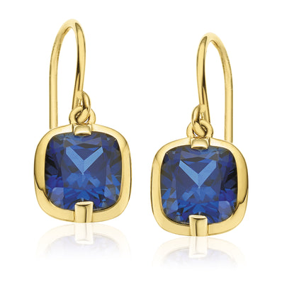 9ct Yellow Gold Cushion Cut 6mm Created Blue Sapphire Drop Earrings