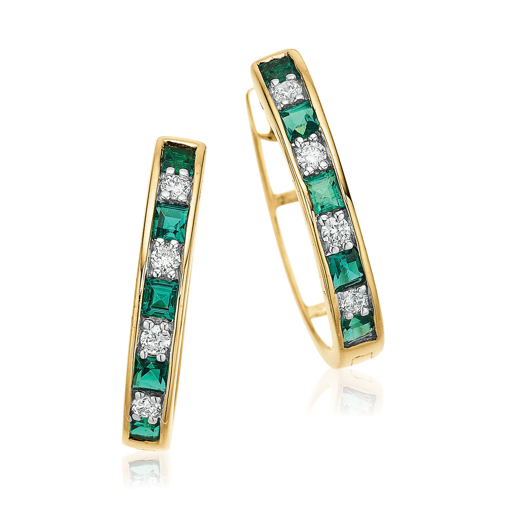 9ct Yellow Gold Round Brilliant Cut Created Emerald & Diamond Set Huggie Earrings