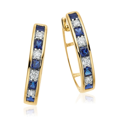 9ct Yellow Gold Round Brilliant Cut Created Blue Sapphire & Diamond Set Huggie Earrings