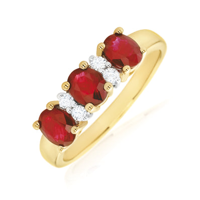 9ct Yellow Gold Oval Natural Ruby with 0.10 CARAT tw of Diamonds Ring