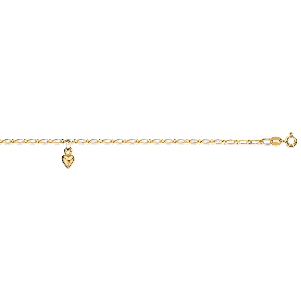 9ct Yellow Gold 25cm Figaro Anklet with Heart Charm