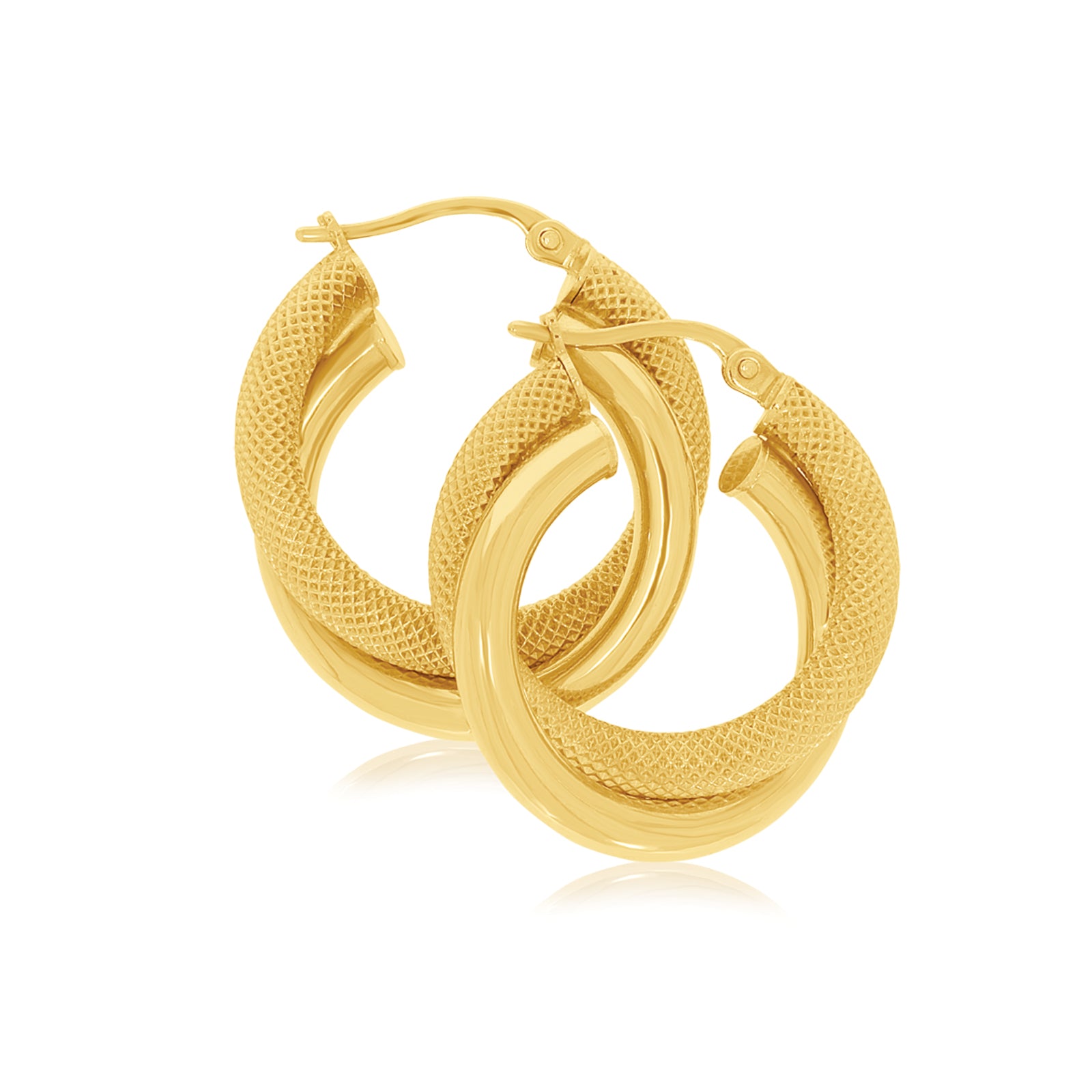9ct Yellow Gold 15mm Mesh and Polished Twist Hoop Earrings – Zamels