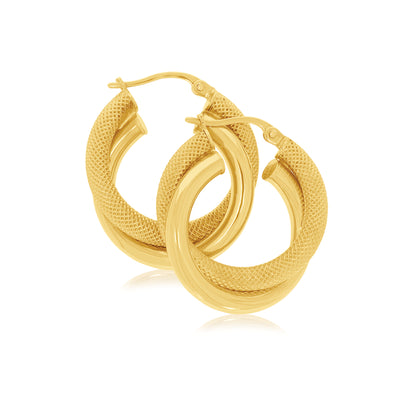 9ct Yellow Gold 15mm Mesh and Polished Twist  Hoop Earrings