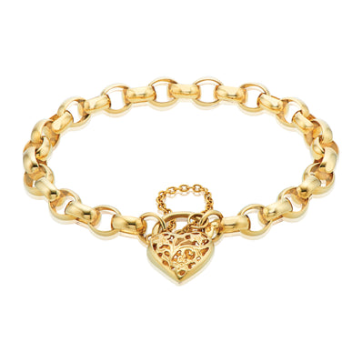 9ct Yellow Gold 19cm Oval Belcher with Heart Padlock Bracelet