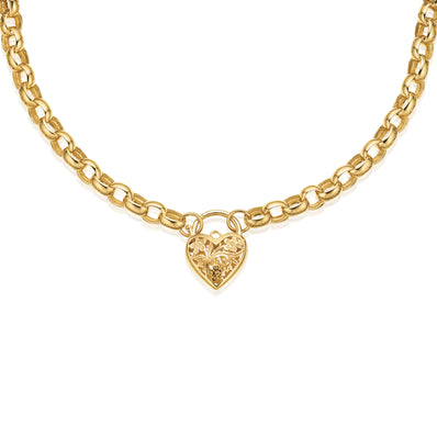 9ct Yellow Gold 45cm Oval Belcher Chain with Heart Padlock Necklace