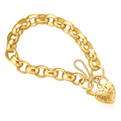 9ct Yellow Gold 19cm Round Belcher Filigree Heart Padlock Bracelet
