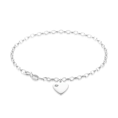 Sterling Silver Oval Belcher Bracelet with Diamond Set Heart Charm