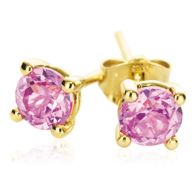 9ct Yellow Gold Round Brilliant Cut 4mm Created Pink Sapphire Stud Earrings