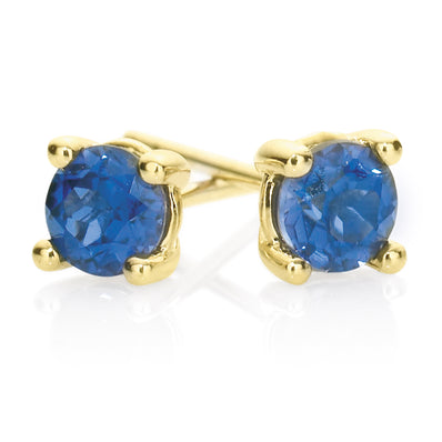 9ct Yellow Gold Round Brilliant Cut 4mm Created Blue Sapphire Stud Earrings