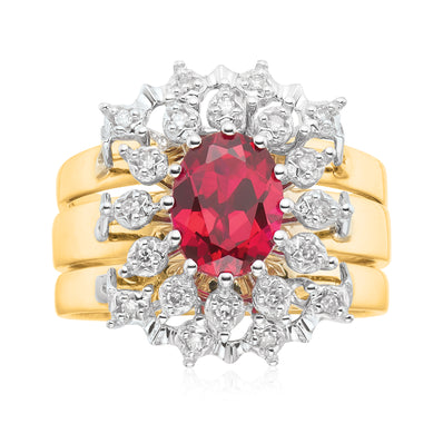 9ct Two Tone Gold 0.10 CARAT tw of Diamonds 8x6 mm Oval Cut Created Ruby 3 Ring Set
