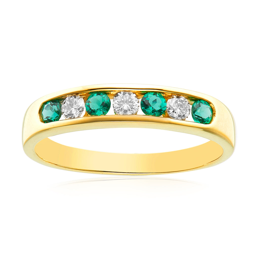 9ct Yellow Gold Round Brilliant Cut Created Emerald with 0.15 CARAT tw of Diamonds Ring