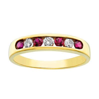 9ct Yellow Gold Round Brilliant Cut Created Ruby with 0.15 CARAT tw of Diamonds Ring