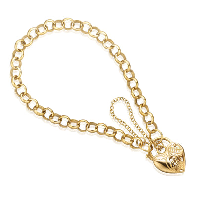 9ct Yellow Gold & Silver-filled 19cm Round Belcher Heart Padlock Bracelet