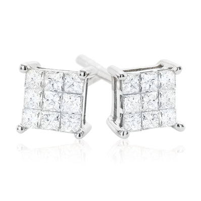 9ct White Gold Princess Cut with 1/4 CARAT tw of Diamonds Stud Earrings