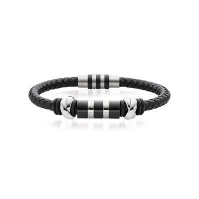 Tensity Stainless Steel and Black Leather 21cm Bracelet