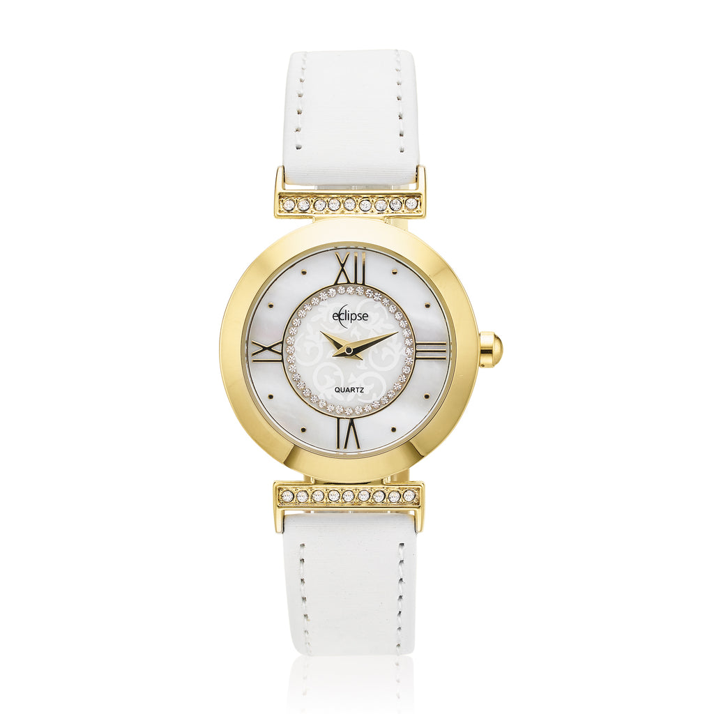 Eclipse Leather & Gold Strap White Dial Dress Watch