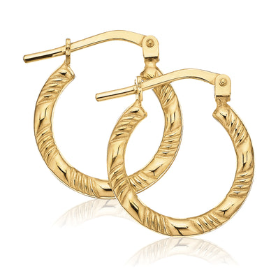 9ct Yellow Gold & Silver-filled 10mm Patterned  Hoop Earrings