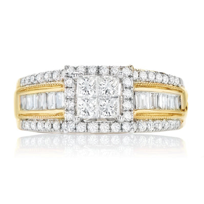 New York 14ct Yellow Gold Princess & Baguette & Round Brilliant Cut 1 CARAT tw of Diamonds Ring