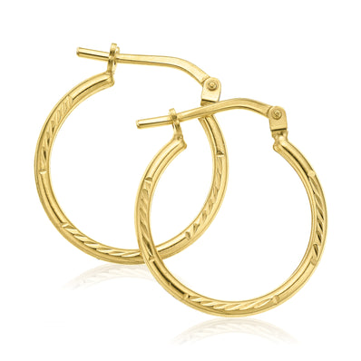 9ct Yellow Gold & Silver-filled 15x1.5mm Diamond Cut  Hoop Earrings