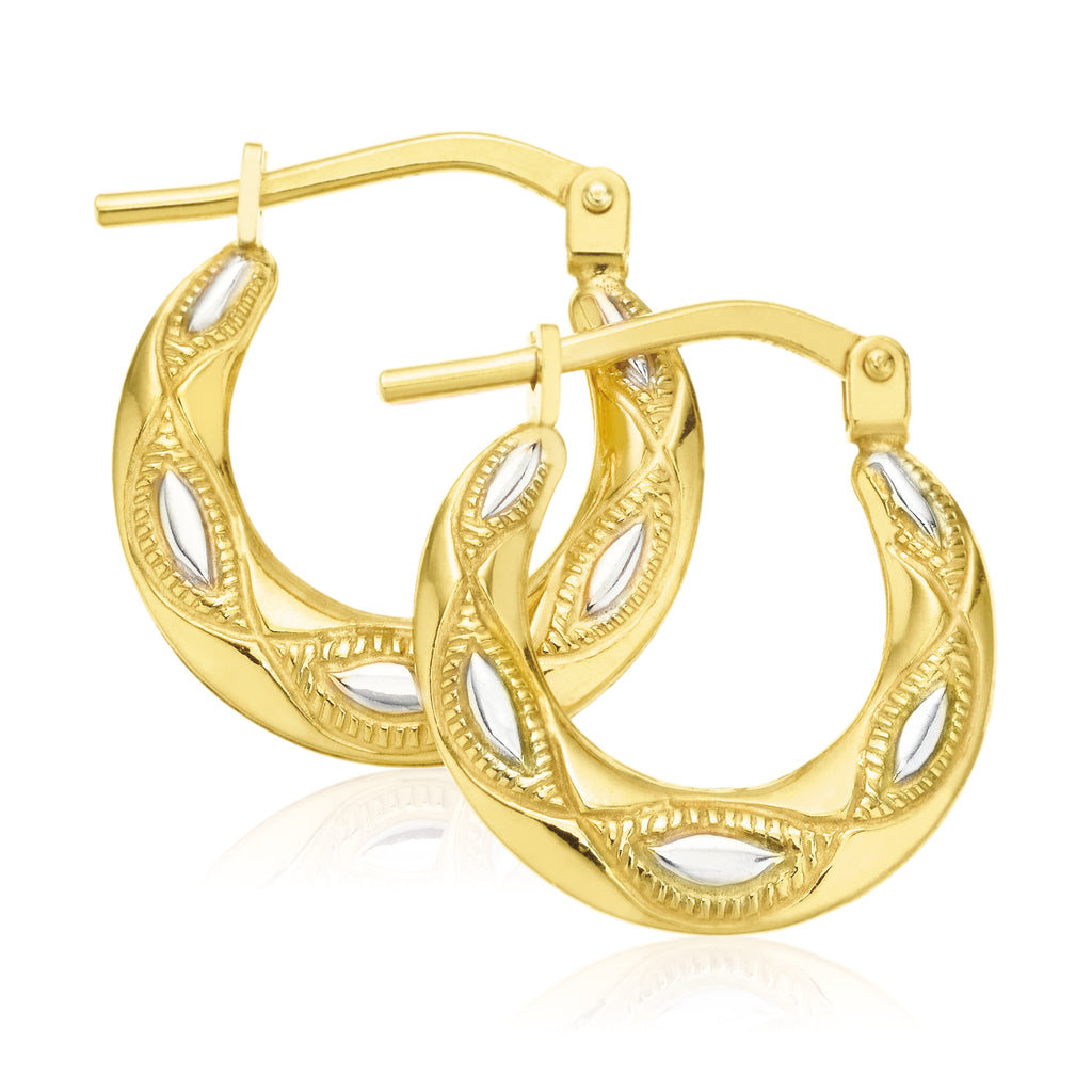 9ct Yellow Gold & Silver-filled 9x2mm Patterned  Hoop Earrings