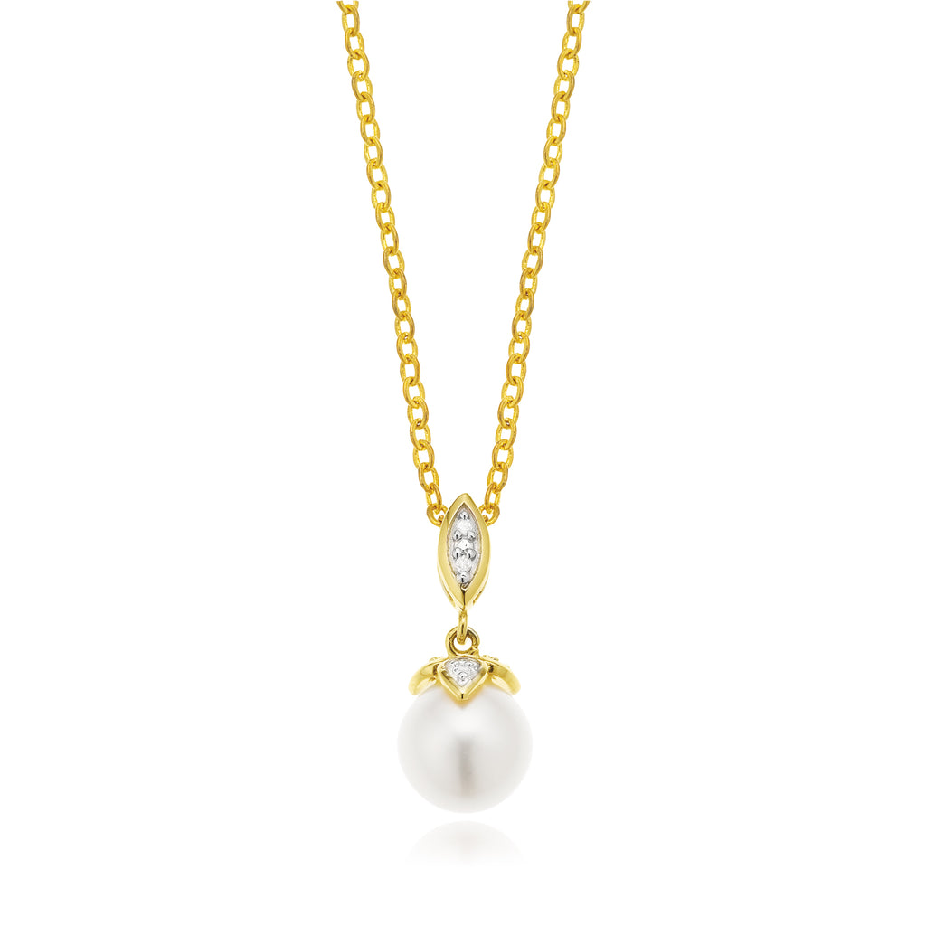 9ct Yellow Gold Freshwater Pearl & Diamond Set Pendant