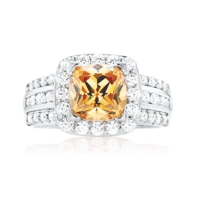 KISS Sterling Silver Cushion & Round Amber Cubic Zirconia Made with Swarovski elements Ring