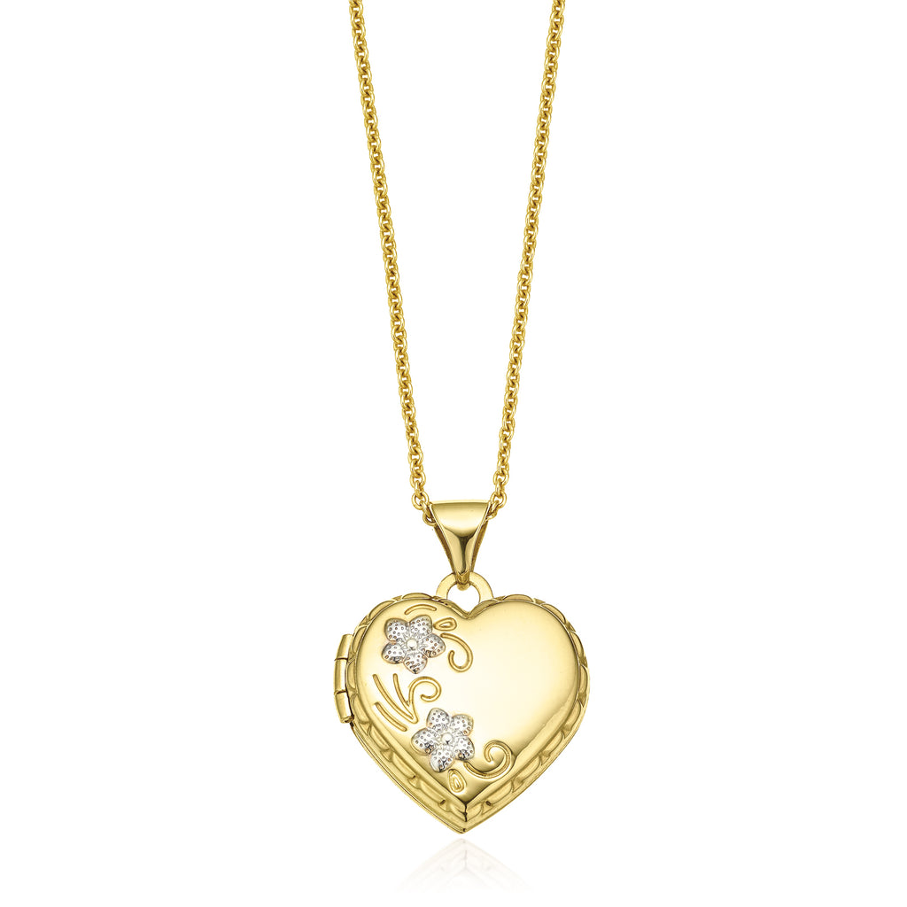 9ct Two Tone Gold 15mm Flower Engraved Heart Locket