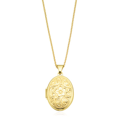 9ct Yellow Gold 21mm Flower Engraved Oval Locket