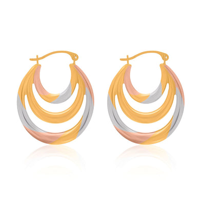 9ct Three Tone Gold Creolo Pattern 3 Row Hoop Earrings