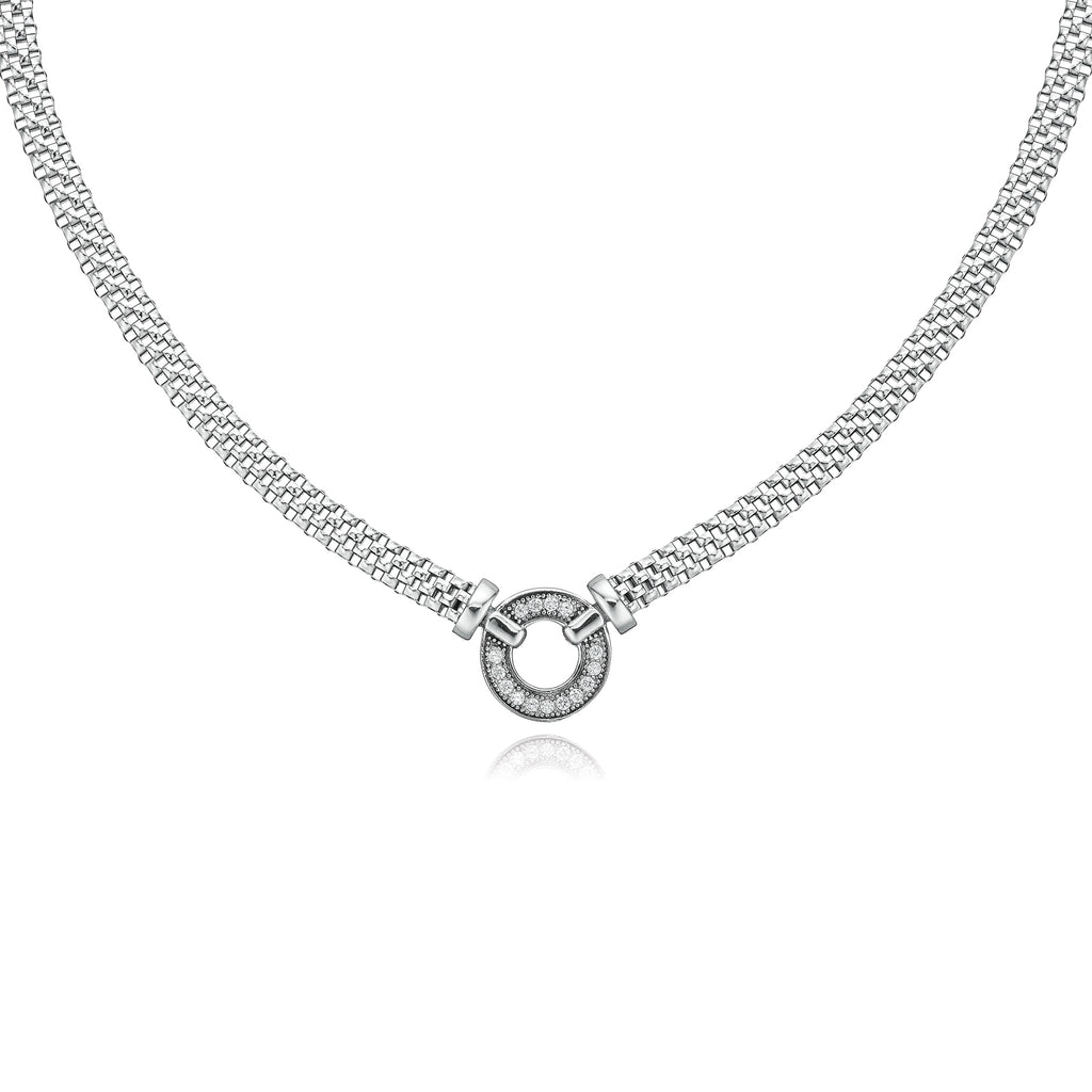 Sterling Silver 45cm Mesh & Cubic Zirconia Circle Necklace